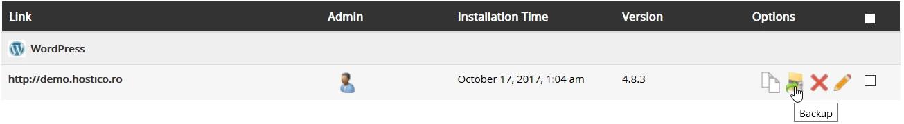 Η ενότητα Δημιουργίας Αντιγράφων Ασφαλείας της εφαρμογής Softaculous