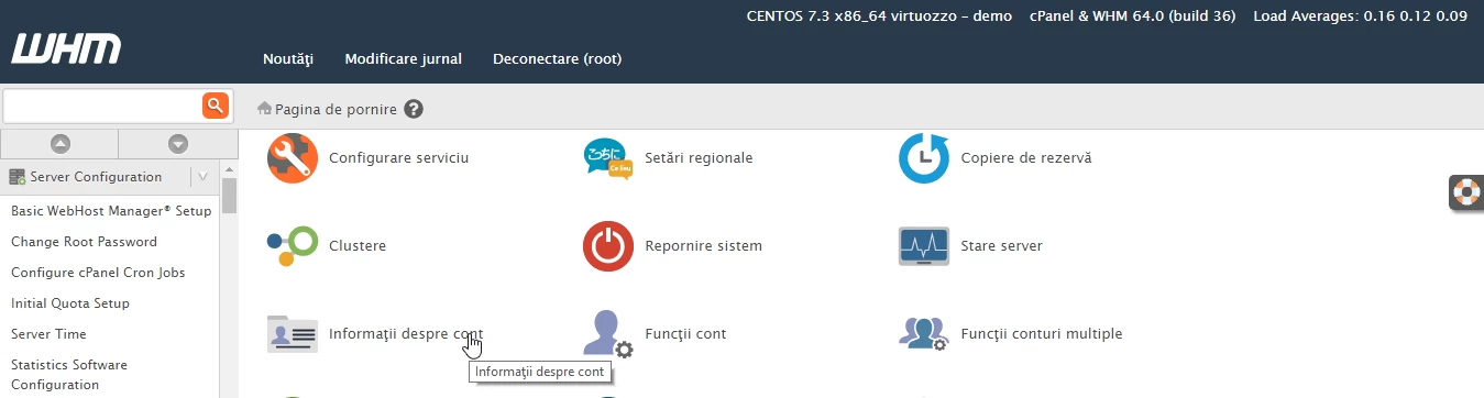 Πληροφορίες σχετικά με τον λογαριασμό WHM