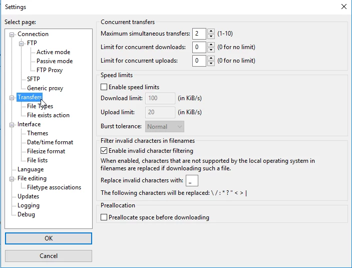 Secțiunea Transfers Filezilla FTP